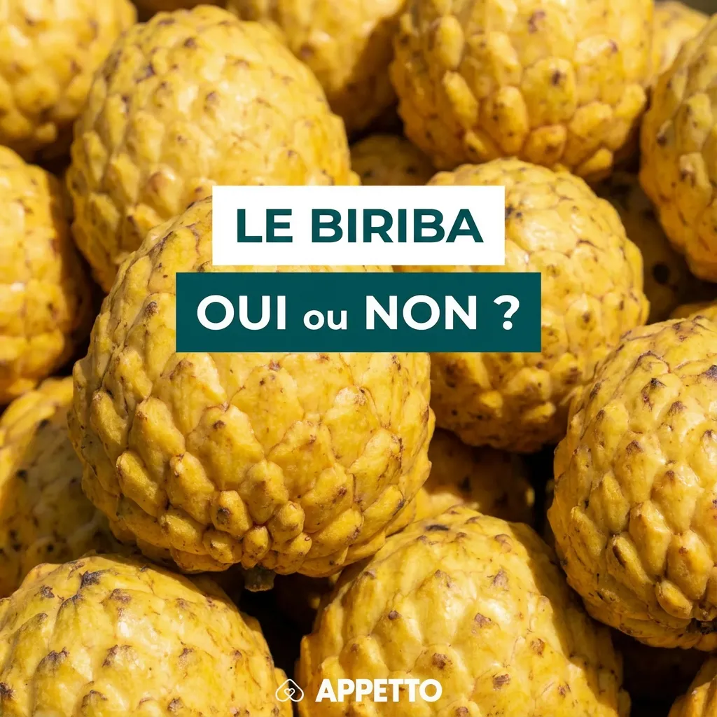 Gros plan de fruits biriba, texte “Le biriba oui ou non ?” APPETTO. Illustration pour un article “chien biriba danger”, fruit tropical, précautions avec graines et peau, risques digestifs possibles, notion d’aliments autorisés ou déconseillés, quantité max