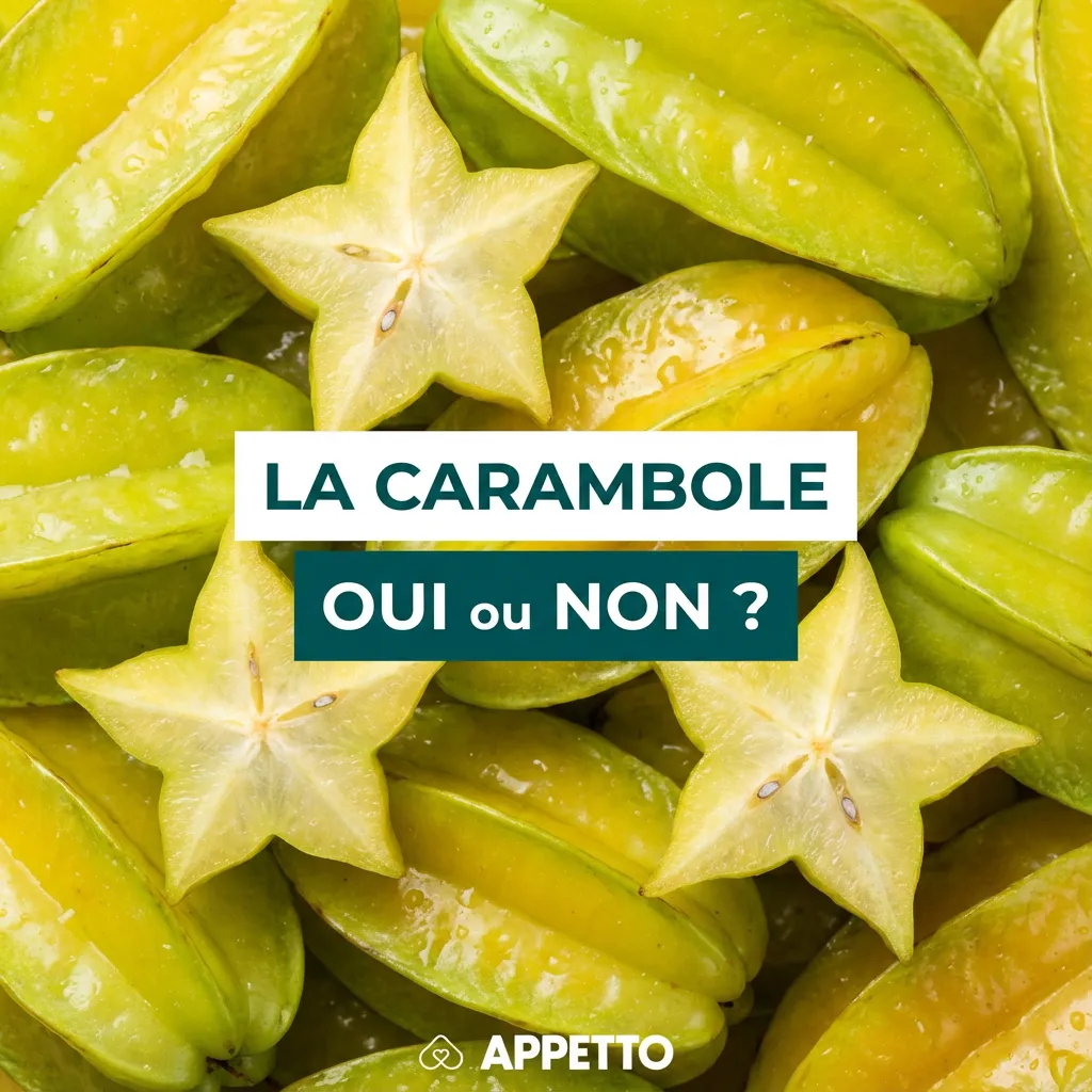 Image de caramboles (fruit étoile) avec le visuel “La carambole oui ou non ?” APPETTO. Support SEO pour un article “carambole chien”, fruit acidulé, prudence liée aux oxalates, risque digestif et potentiel problème rénal chez chiens sensibles, aliments déc