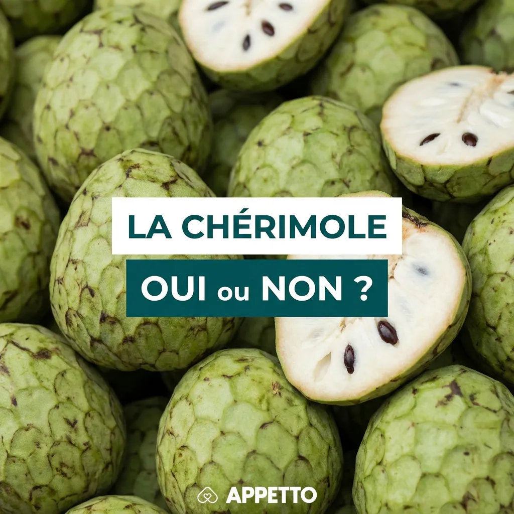 Photo de chérimoles vertes avec « La chérimole oui ou non ? » et APPETTO, illustration pour un guide nutrition canine sur fruits tropicaux, graines à écarter, risques digestifs, sucre, texture, quantité très limitée, et recommandations type vétérinaire/nut