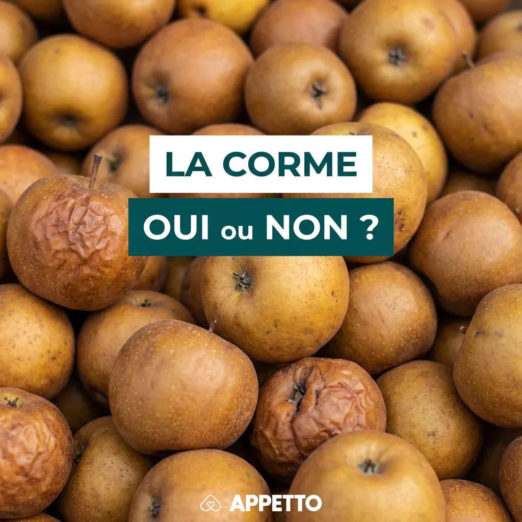 Visuel APPETTO « La corme oui ou non ? » pour chien, fruit sauvage du cormier et alimentation canine, prudence sur tanins et fibres pouvant irriter l’intestin, portion très limitée et test progressif, éviter fruits trop mûrs fermentés, risques de diarrhée 