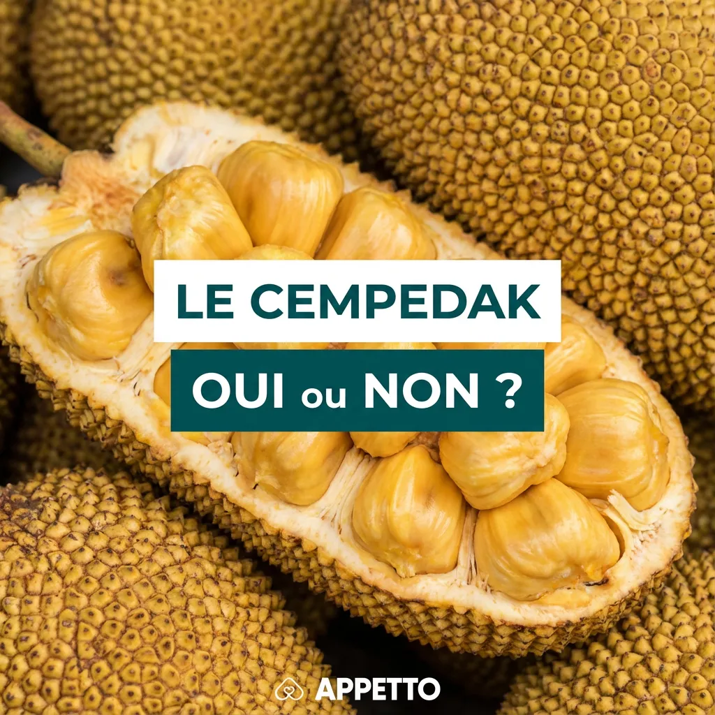 Gros plan de cempedak ouvert (chair en bulbes) avec « Le cempedak oui ou non ? » et APPETTO, illustration pour un guide fruits exotiques et chien, focus sucre, fibres, fermentation intestinale, diarrhée, quantité très limitée, introduction progressive, et 
