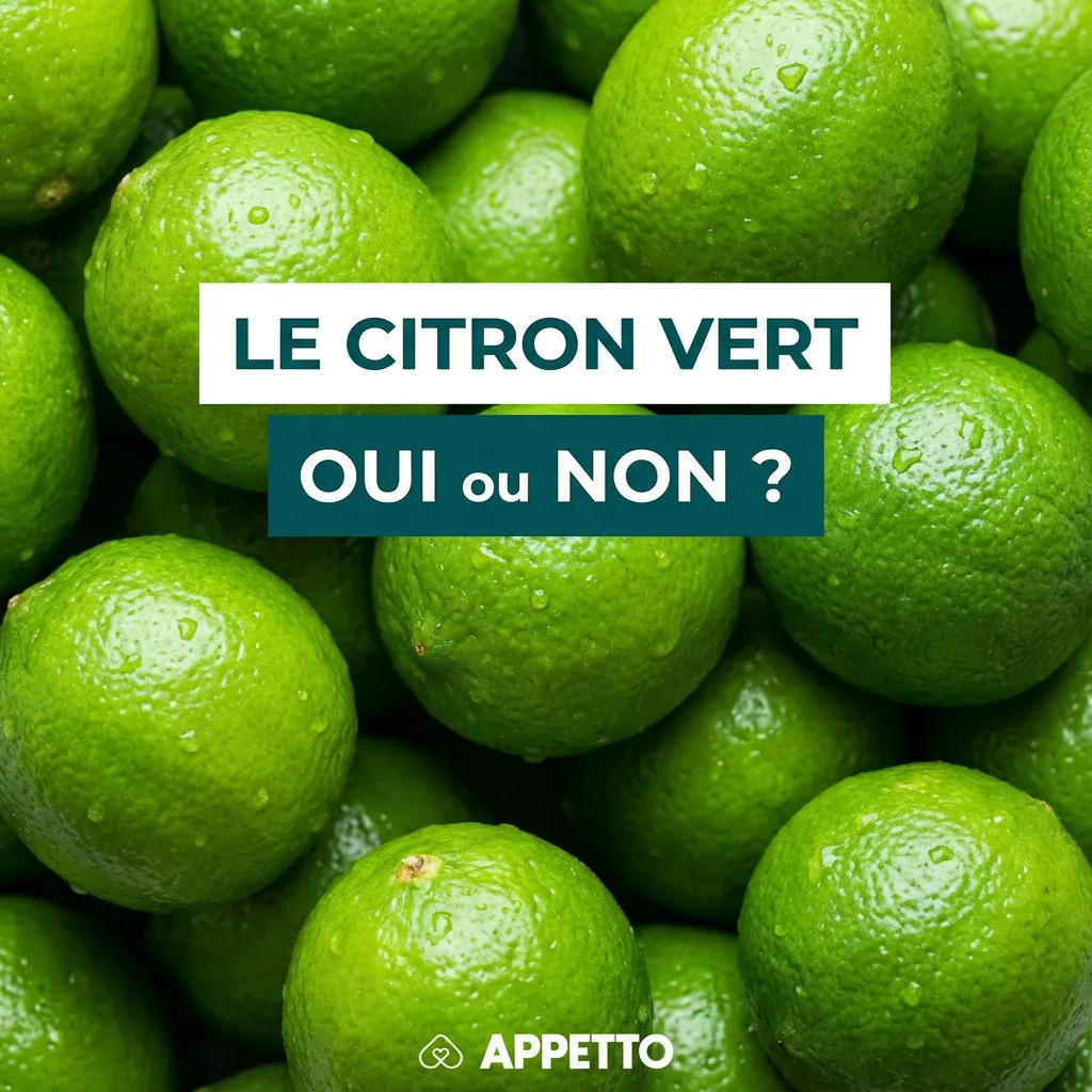 Gros plan de citrons verts avec « Le citron vert oui ou non ? » et APPETTO, illustration pour un guide fruits et chien, lime et risques digestifs, acidité, huiles essentielles, peau à éviter, petite trace accidentelle vs vraie portion, et conseils prudence