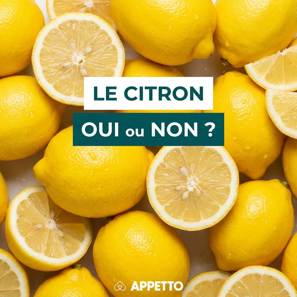 Photo de citrons jaunes avec « Le citron oui ou non ? » et APPETTO, visuel éducatif sur alimentation du chien, agrumes souvent mal tolérés, acidité, huiles essentielles du zeste, vomissements, diarrhée, refus alimentaire, et recommandation de ne pas en don