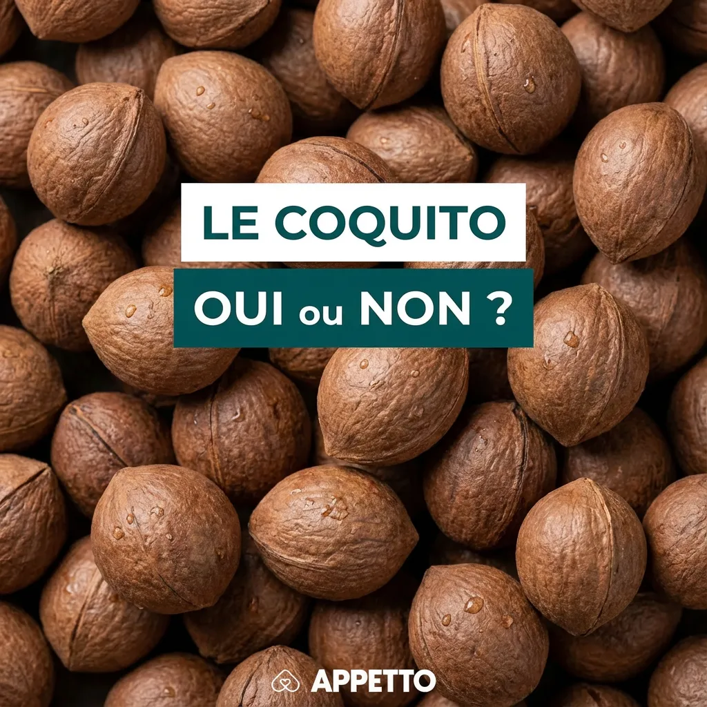 Visuel APPETTO « Le coquito oui ou non ? » pour chien, guide sécurité alimentaire sur fruit sec type noix, très riche en graisses et calories, à éviter chez chien sensible, surpoids, pancréatite, portion minuscule si toléré et seulement occasionnel, risque