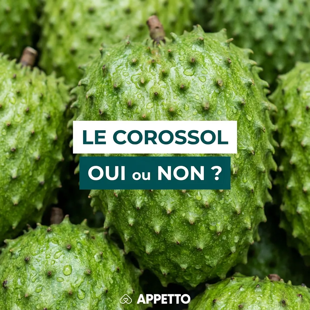 Visuel APPETTO « Le corossol oui ou non ? » pour chien, article nutrition canine sur graviola et fruits exotiques, prudence car données limitées, éviter graines et parties non comestibles, ne proposer que la pulpe en micro portion si accord vétérinaire, fr