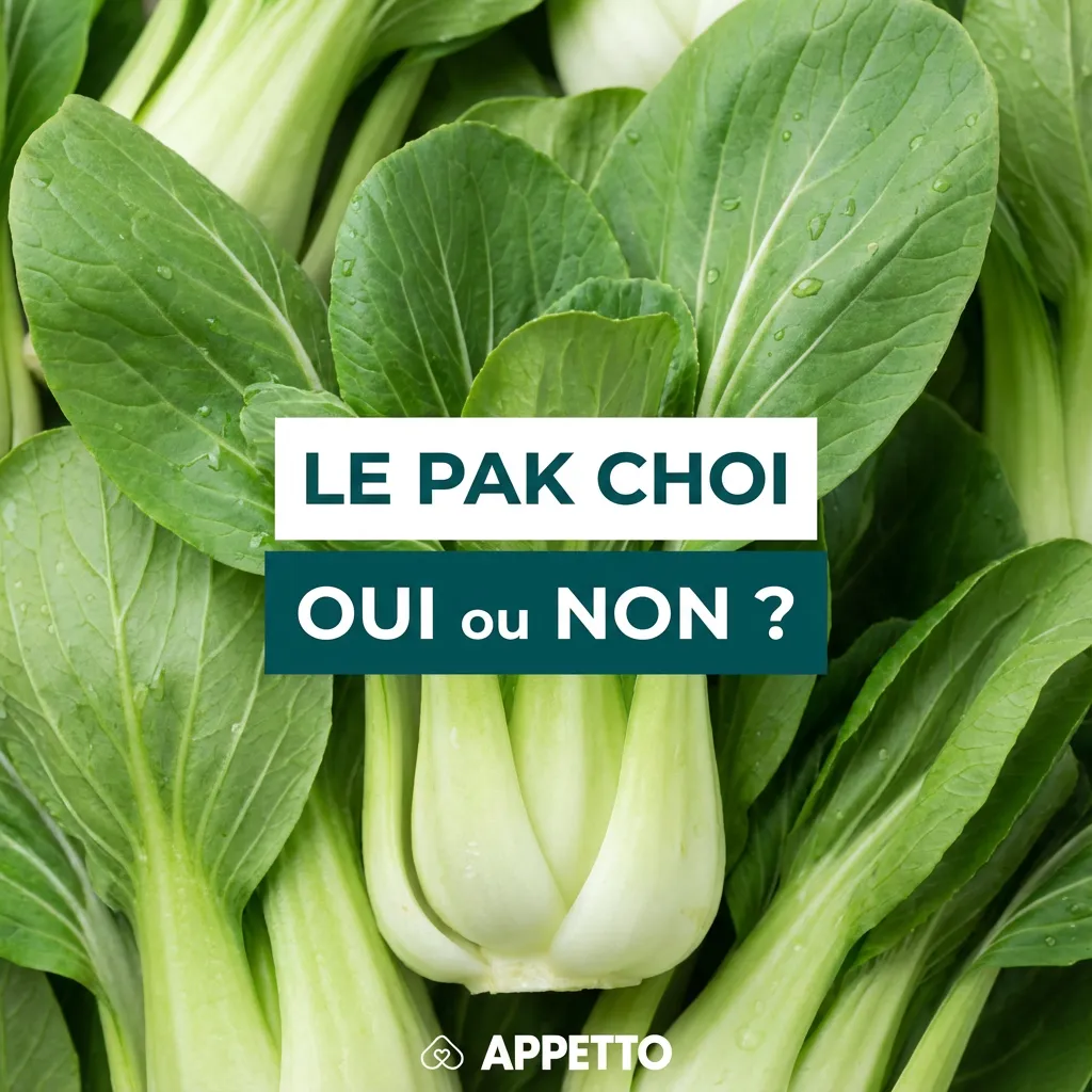 Visuel APPETTO « LE PAK CHOI oui ou non ? » pour chien, OK en petite quantité et occasionnellement, bien lavé, nature, plutôt légèrement cuit et coupé fin, peut causer gaz, ballonnements ou diarrhée si excès.