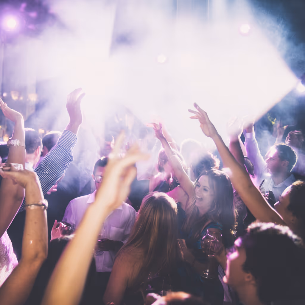 Group of people dancing and raising their hands at a lively party with bright lights and smoke effects.