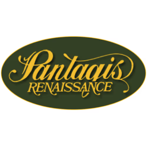 Pantagis Renaissance logo with gold script text on a dark green oval background.