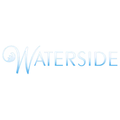 Stylized light blue text logo reading 'WATERSIDE' with a decorative wave design incorporated into the letter W.