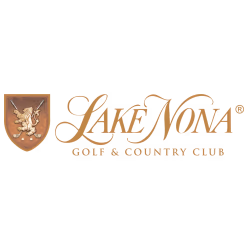 Lake Nona Golf & Country Club logo with a heraldic lion shield and stylized gold lettering.