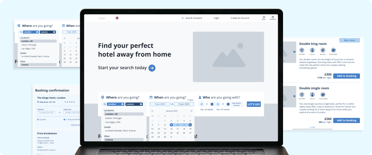 Screen shots showing a hotel booking website checkout