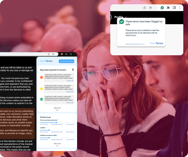 Screen shots of a terms and conditions summary service, maddy looking at a laptop in the background