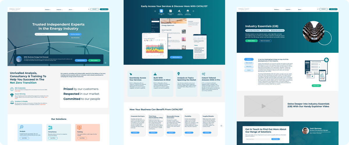 Screen shots of high fidelity wireframe of a website for Cornwall Insight