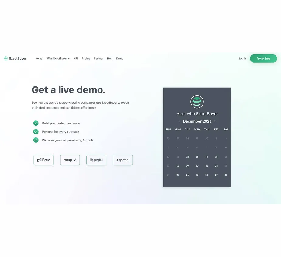 Landing page for ExactBuyer showing a live demo offer with benefits and partner logos, alongside a December 2023 calendar to schedule a meeting.