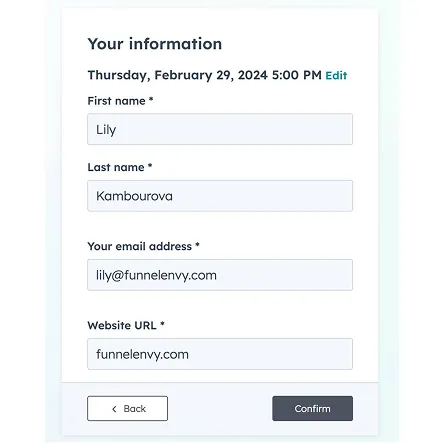 Form displaying user information with fields filled: First name Lily, Last name Kambourova, Email lily@funnelenvy.com, Website URL funnelenvy.com, and buttons Back and Confirm.