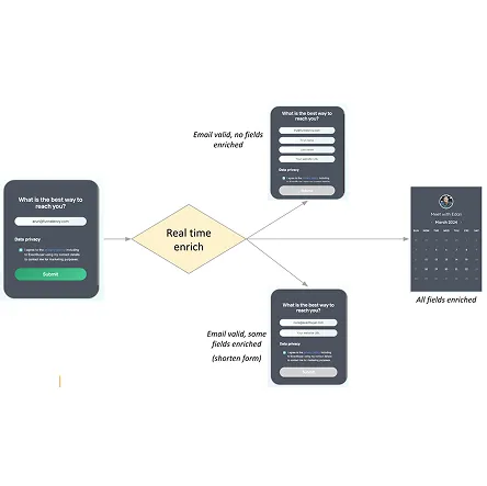 Flowchart showing email validation and real-time enrichment paths leading to different form completions and a final calendar meeting scheduling step.