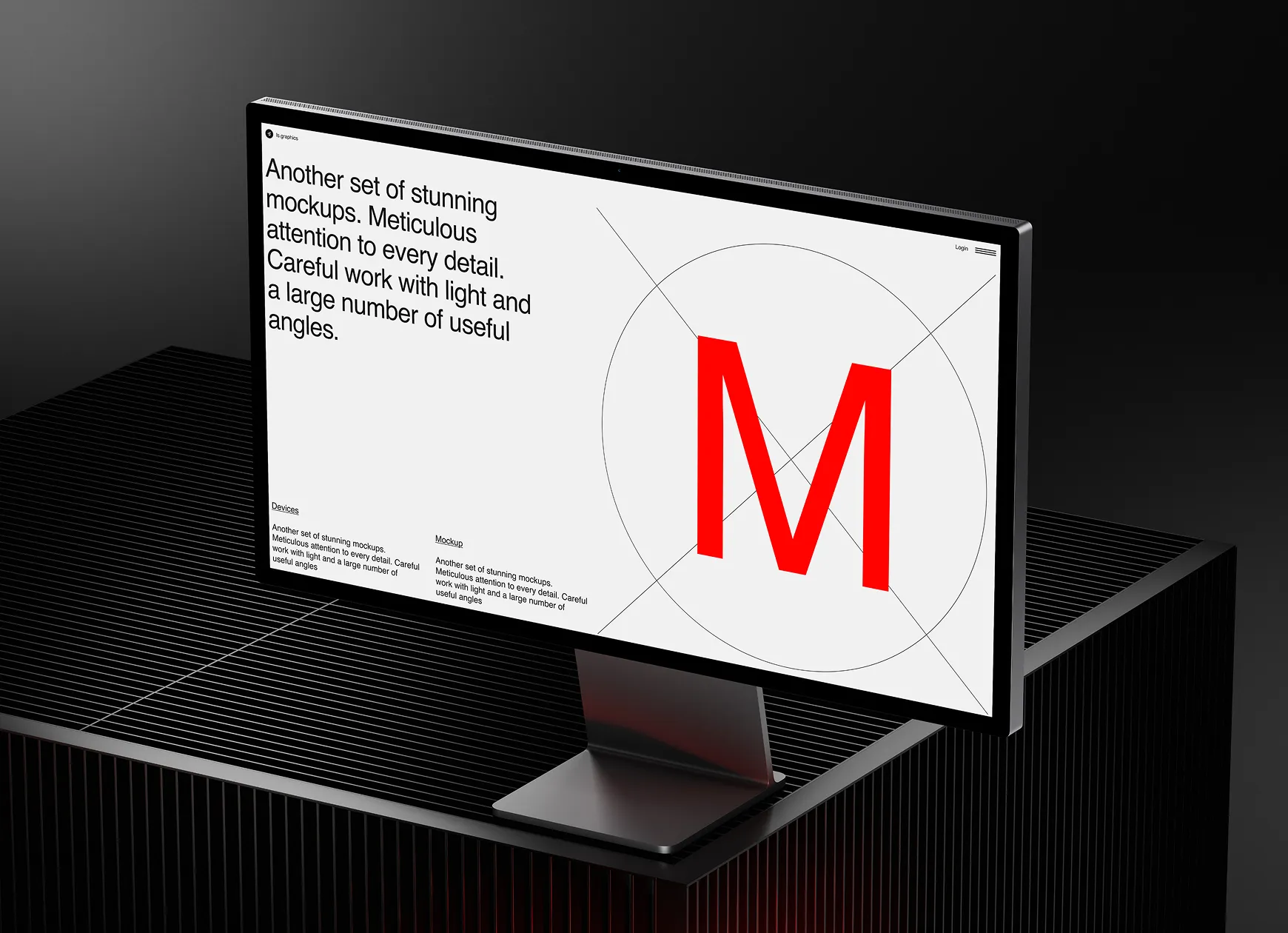 A sleek monitor on a black textured surface displaying a minimalistic mockup design. The screen shows a large red letter 'M' in the center with a crosshair layout, and bold text describing mockups and visual detailing