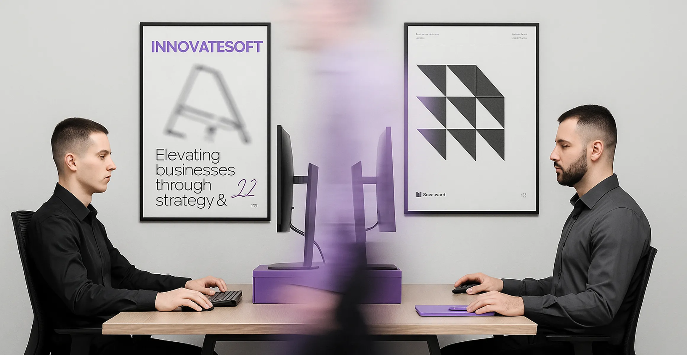Two men in black shirts sitting at desks, working on computers in a modern office. A person in purple walks between them, with framed posters on the wall reading 'INNOVATESOFT' and abstract geometric designs