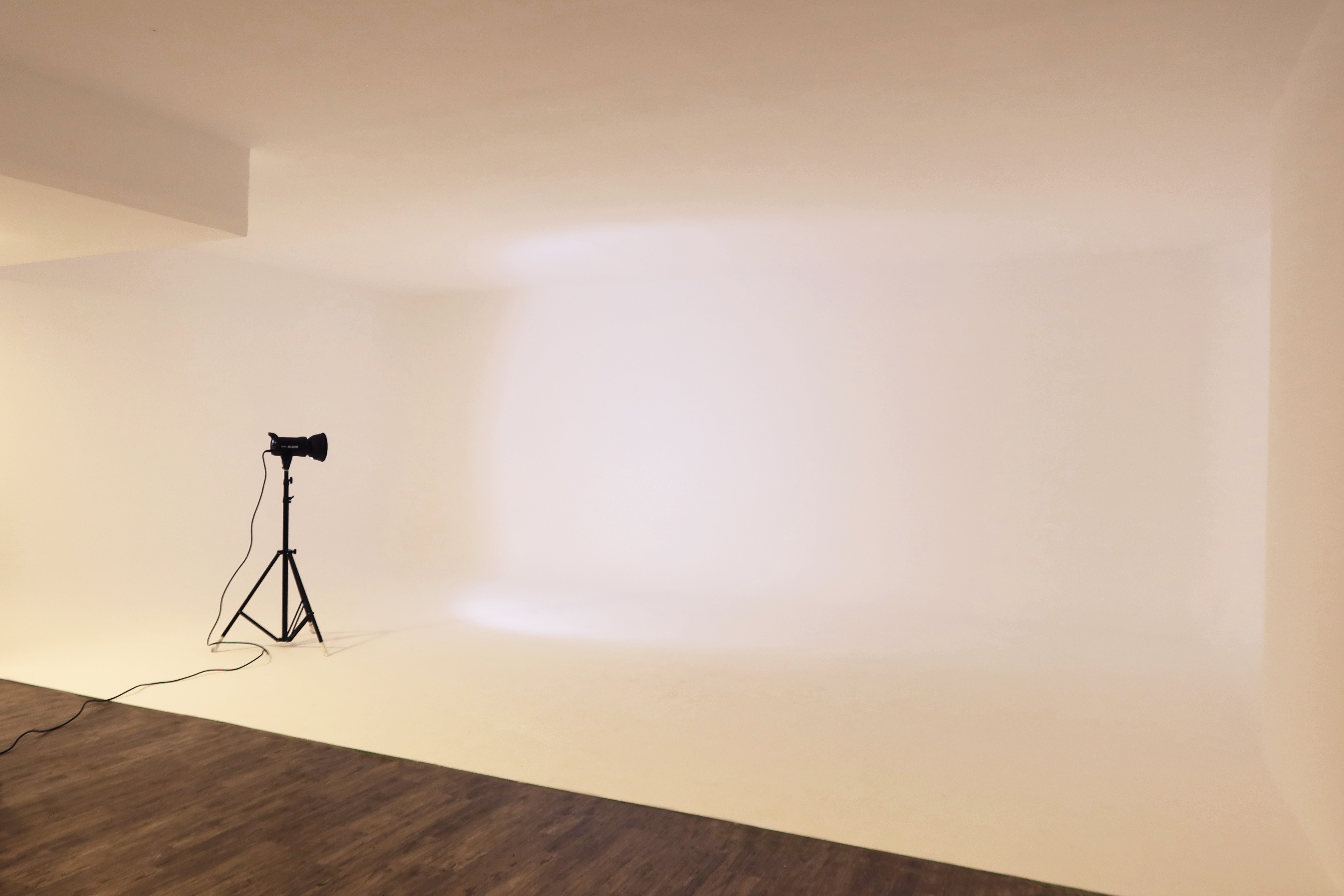 Empty photography studio with wooden floor, white curved backdrop, and a single studio light on a tripod.