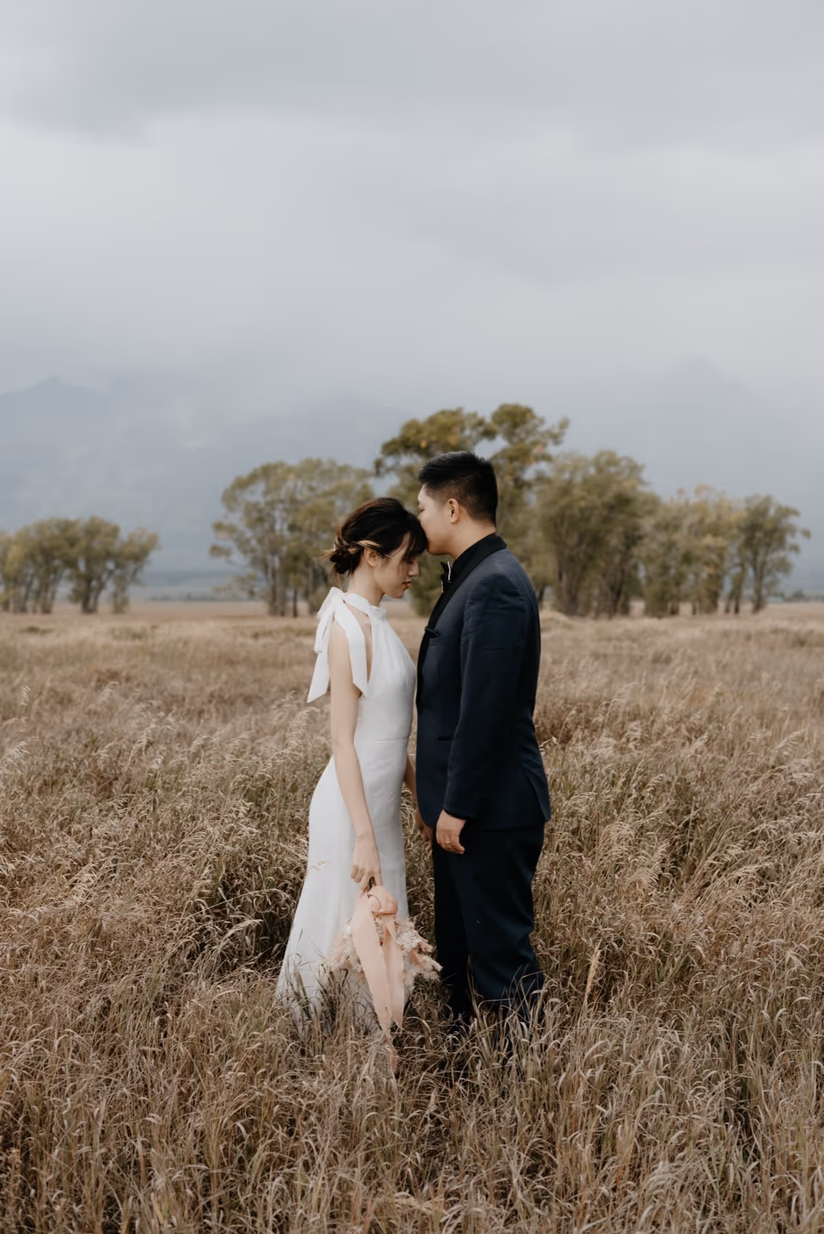 Couple in formal attire standing in a field of tall grass with trees and a cloudy sky in the background.