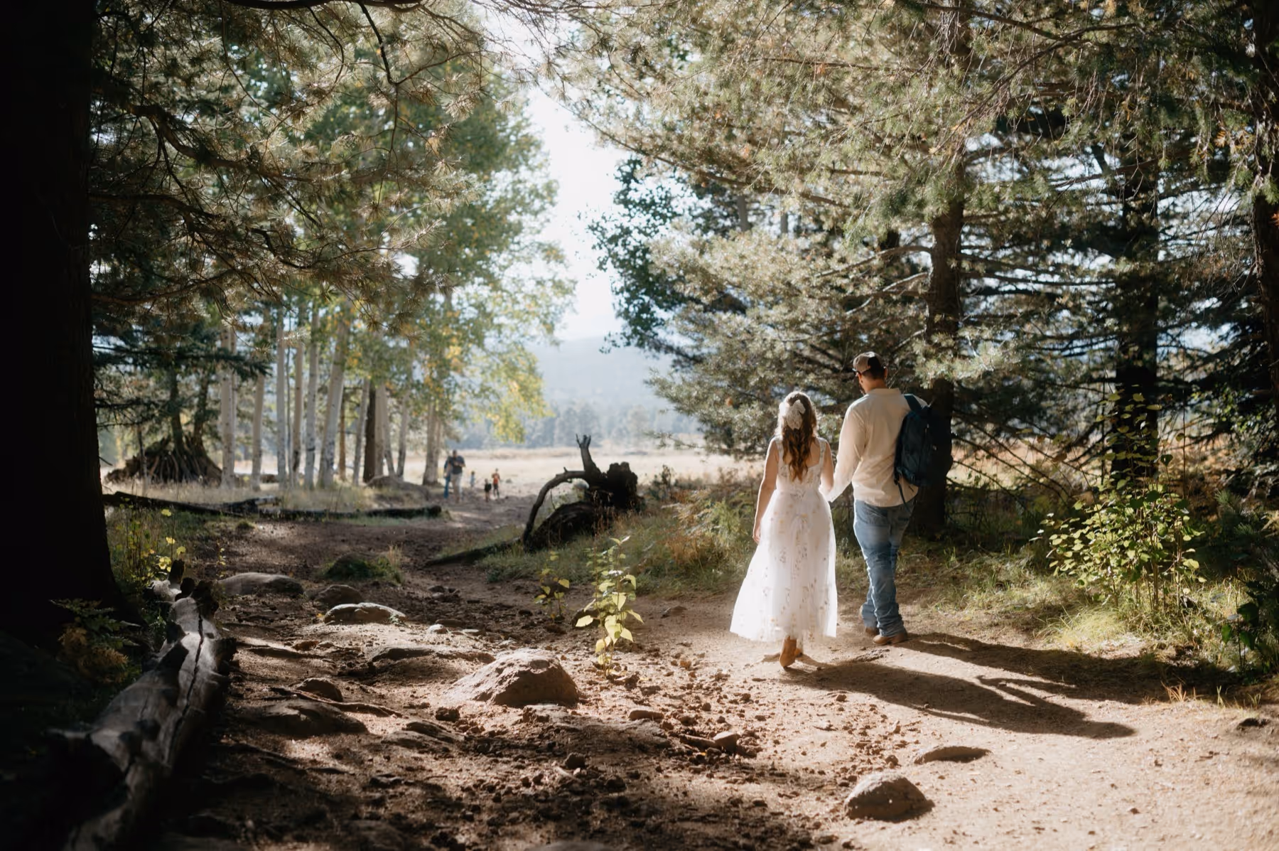Couple walking hand in hand on a forest trail with sunlight filtering through trees.