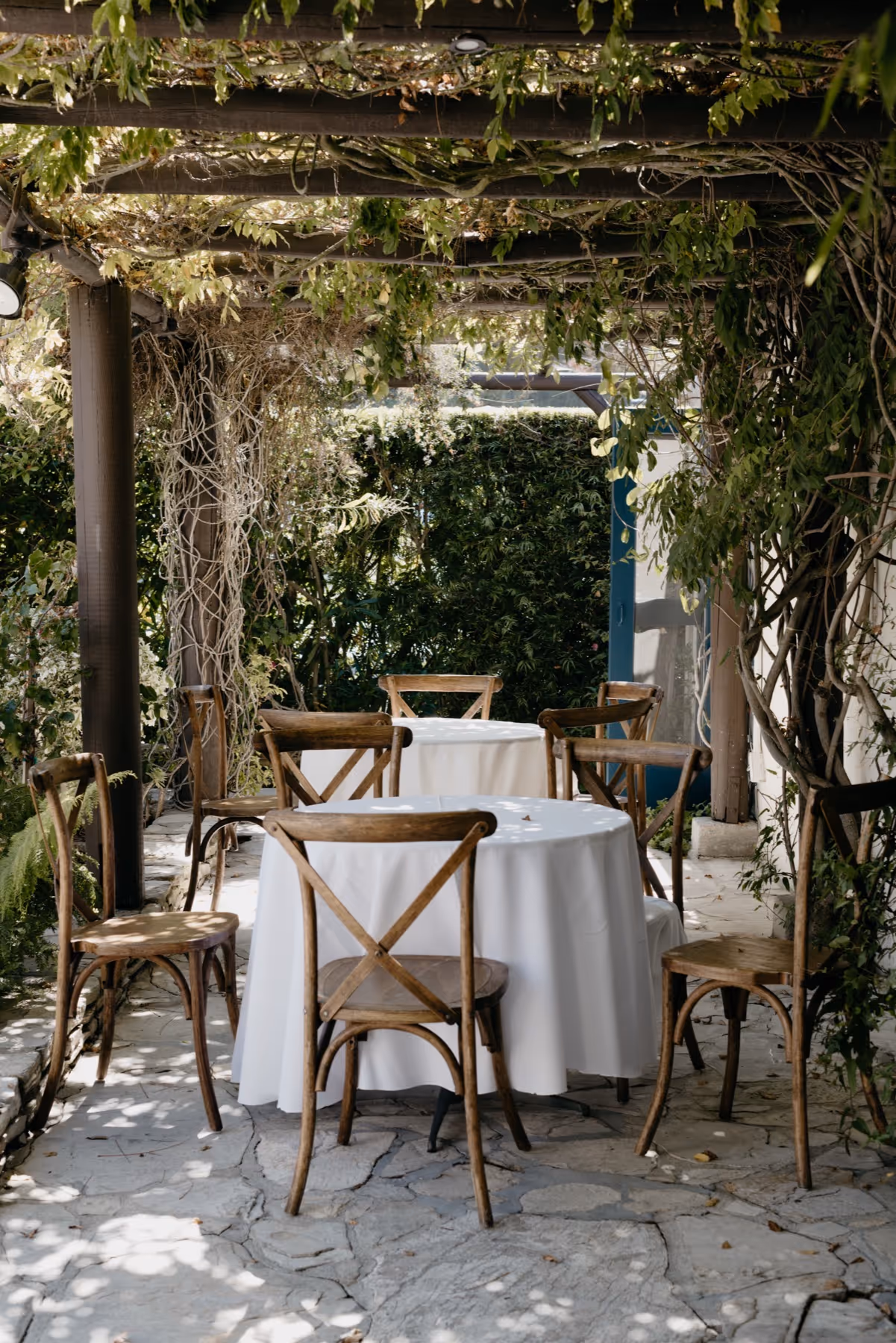 Outdoor patio with stone floor, wooden chairs, and round tables covered with white tablecloths under a pergola entwined with green vines.