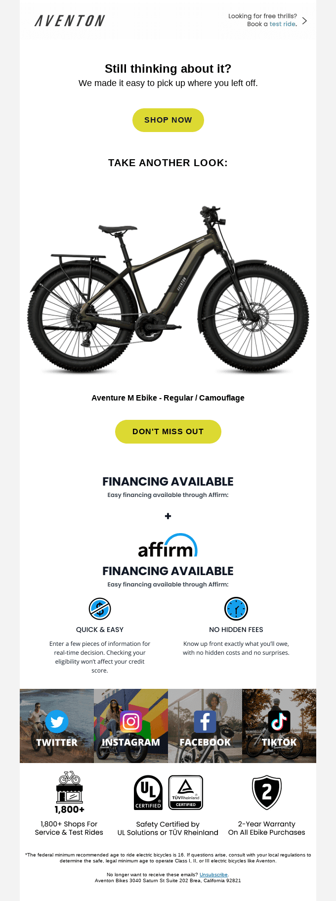 Need more time? Your ebike is still here (for now). from Aventon - Desktop Email View | Really Good Emails