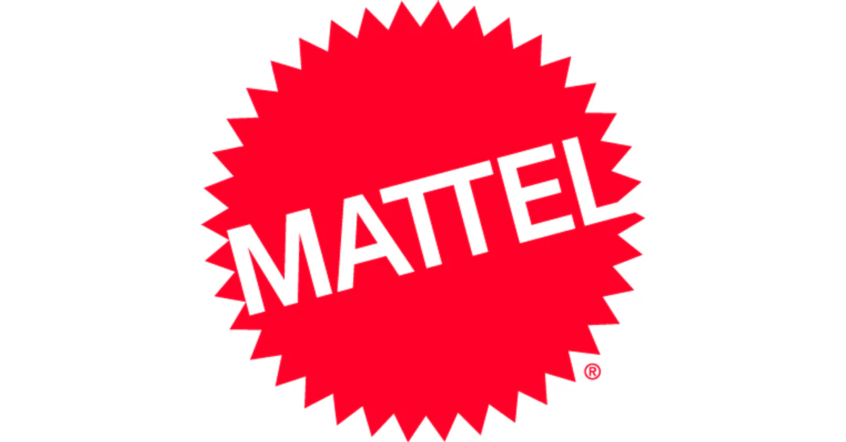 Mattel logo with white text on a red jagged circular background.