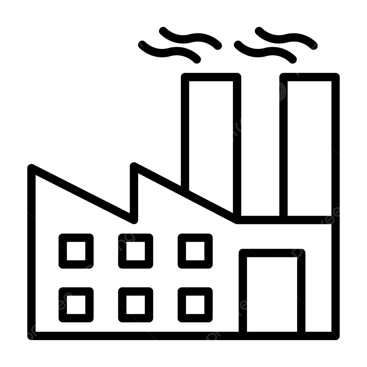 Outline icon of a factory with two chimneys emitting smoke and several windows.