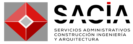 SACIA logo with a red and gray geometric diamond shape and text reading 'Servicios Administrativos Construcción Ingeniería y Arquitectura'.
