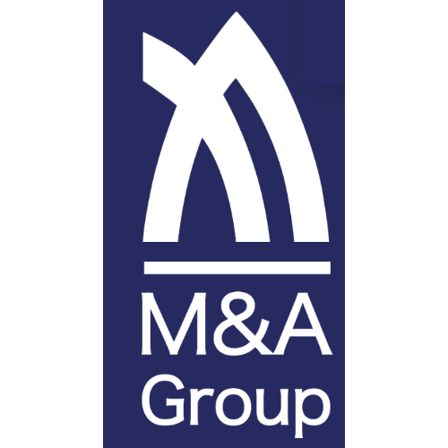 M&A Group logo with stylized white arches above the text on a dark blue background.
