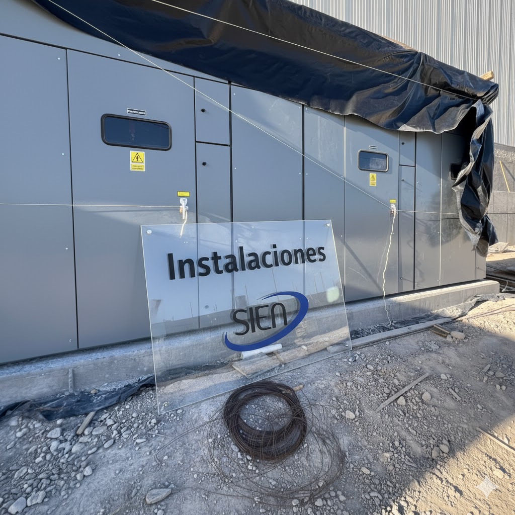 Clear acrylic sign with black text 'Instalaciones SIEN' leaning against a gray industrial control panel outside on gravel ground.