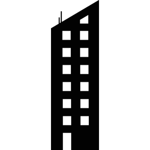 Black silhouette of a multi-story building with rectangular windows and an open doorway.