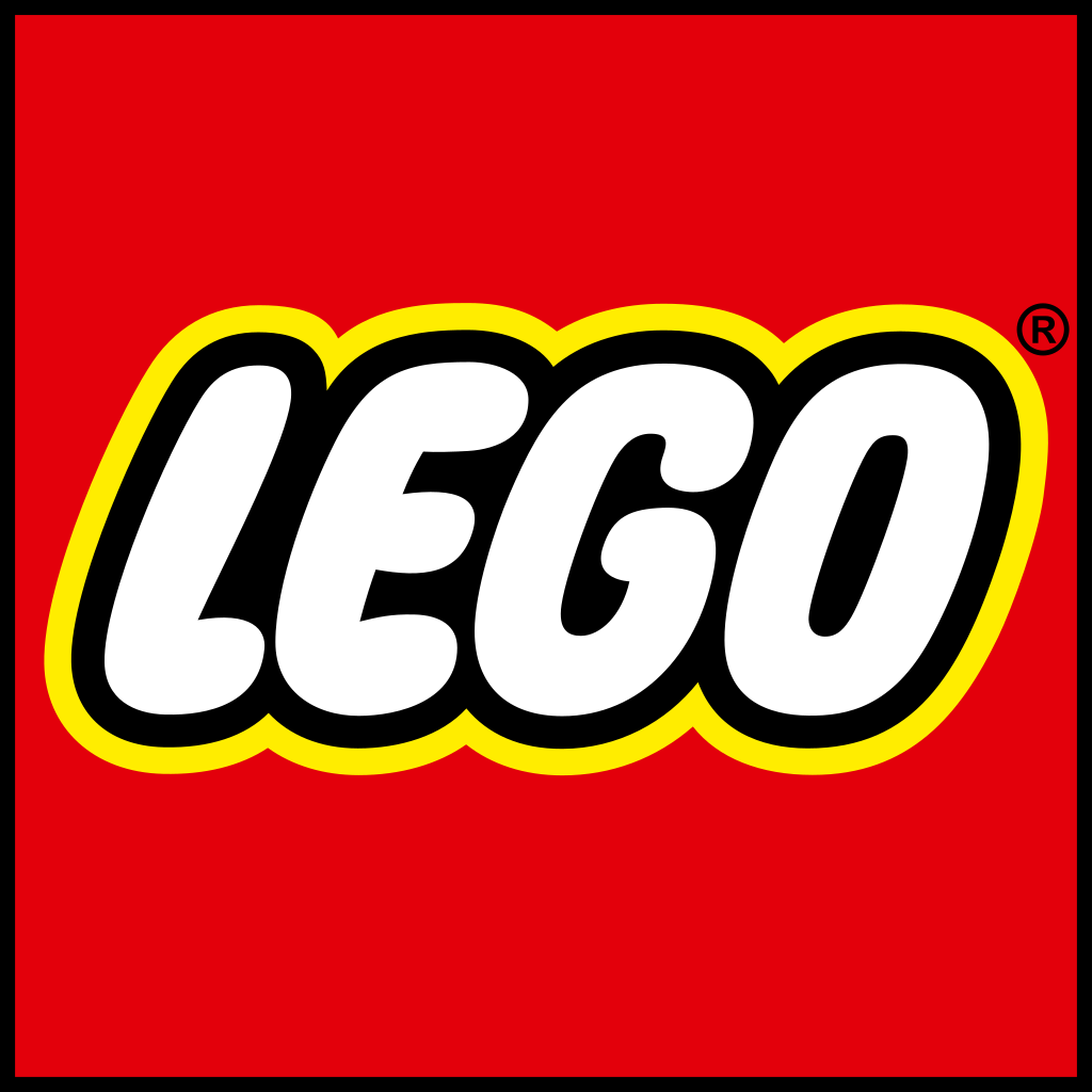 LEGO logo with white bold letters outlined in black and yellow on a red background.
