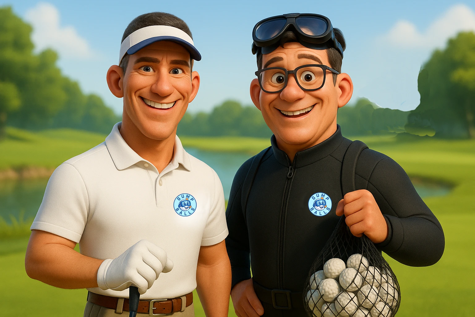 GUMP BALLS Gründer Sven und Bengt lächelnd auf dem Golfplatz, mit Lakeball-Netz voller geborgener Golfbälle