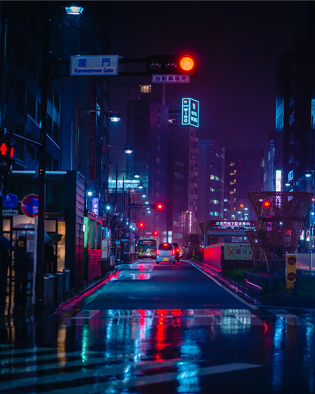 Tokyo night view with neon lights buildings