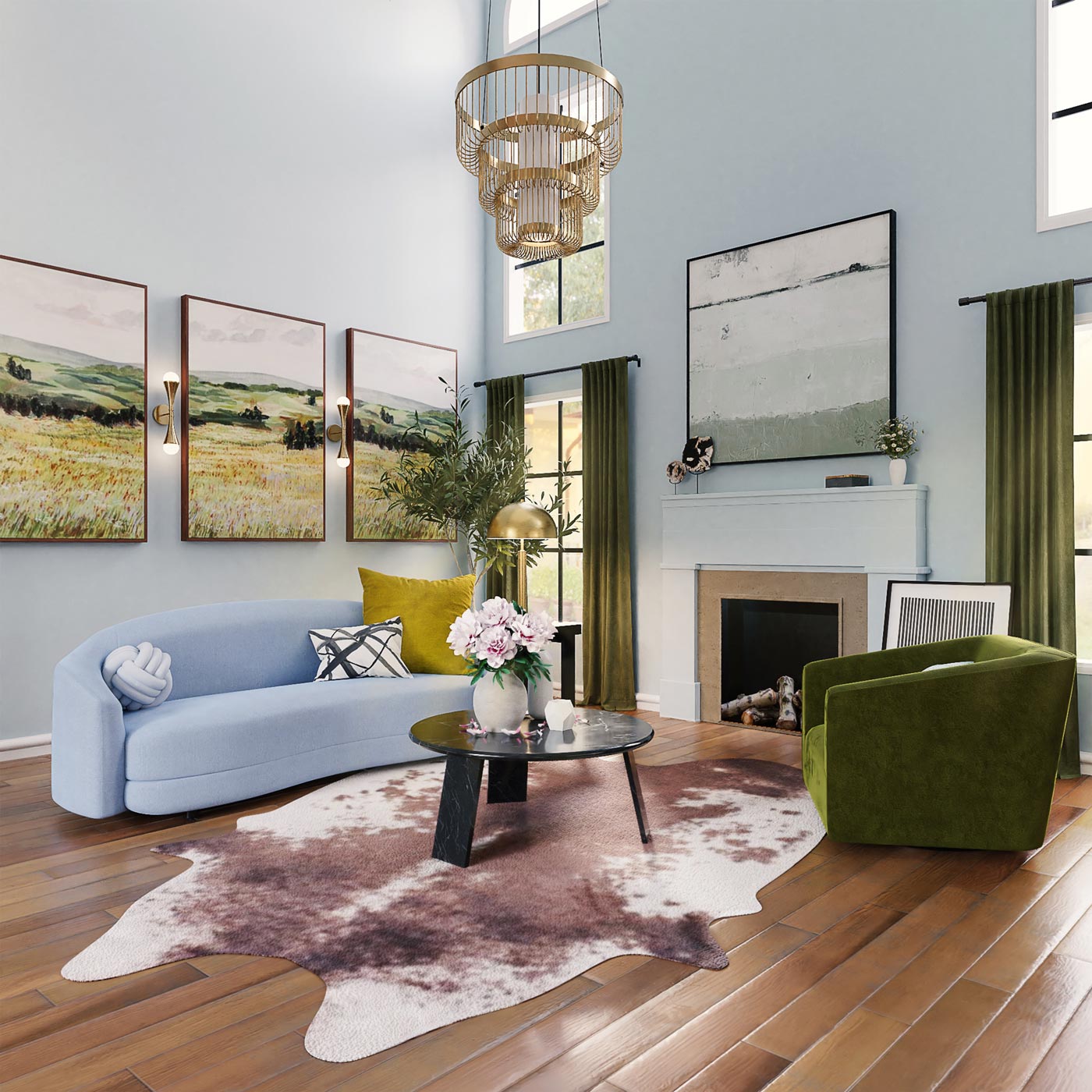 a living room in a day light with full of painting