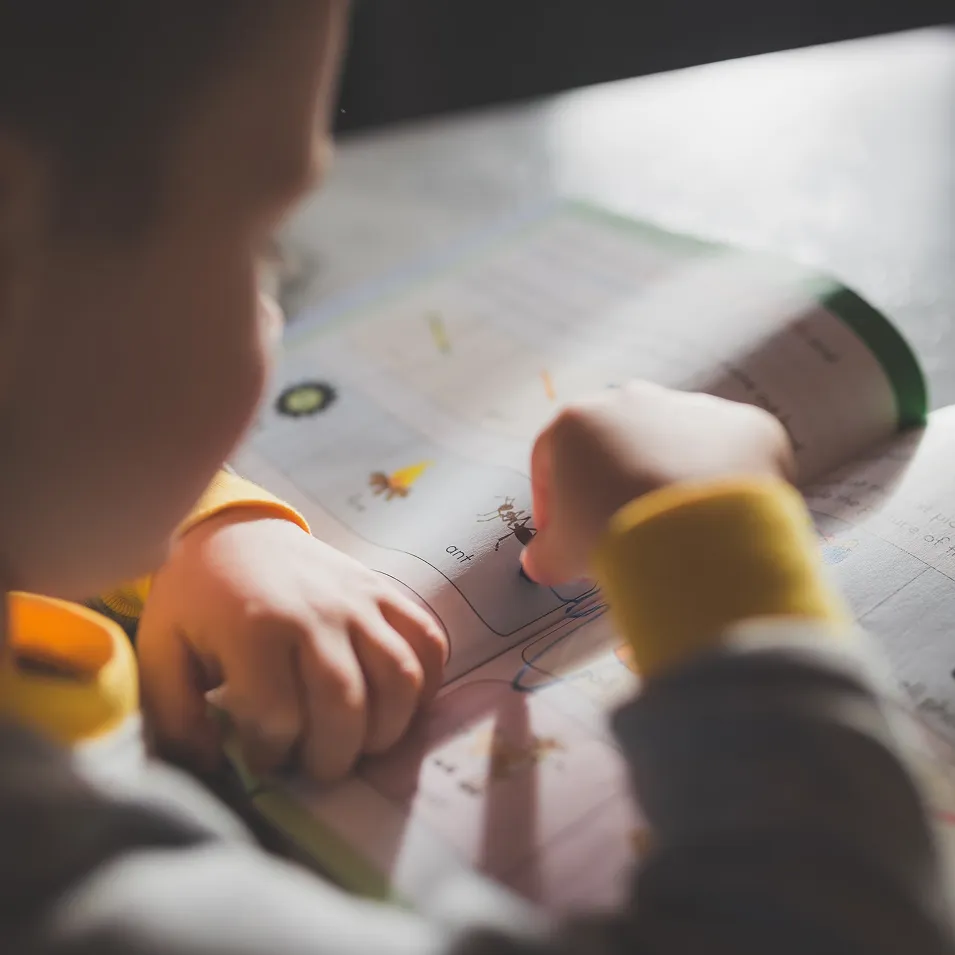 A child studying a textbook