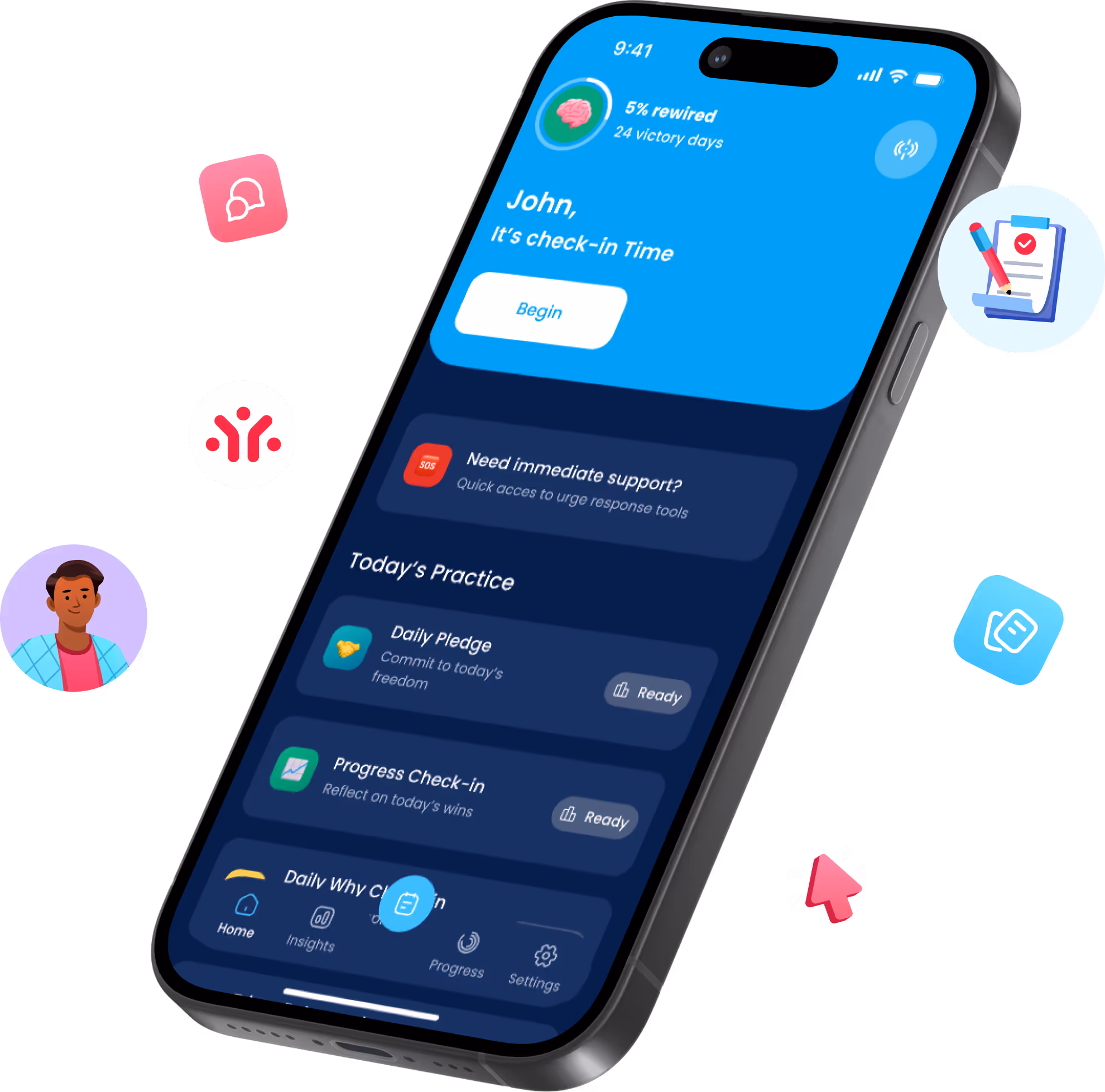 Rewire app interface showing recovery tracking features and progress dashboard