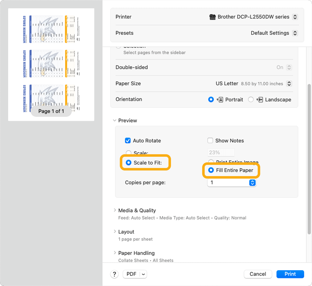Image: MacOS print settings dialogue box.
