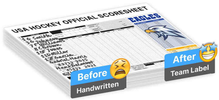 Image of USA Official Hockey Scoresheet with a before (handwritten) and after (team-branded stick-on labels).