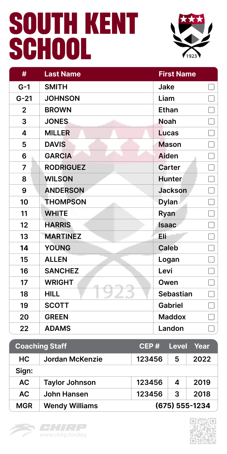 Example Team Branded USA Hockey Official Scoresheet Roster Label