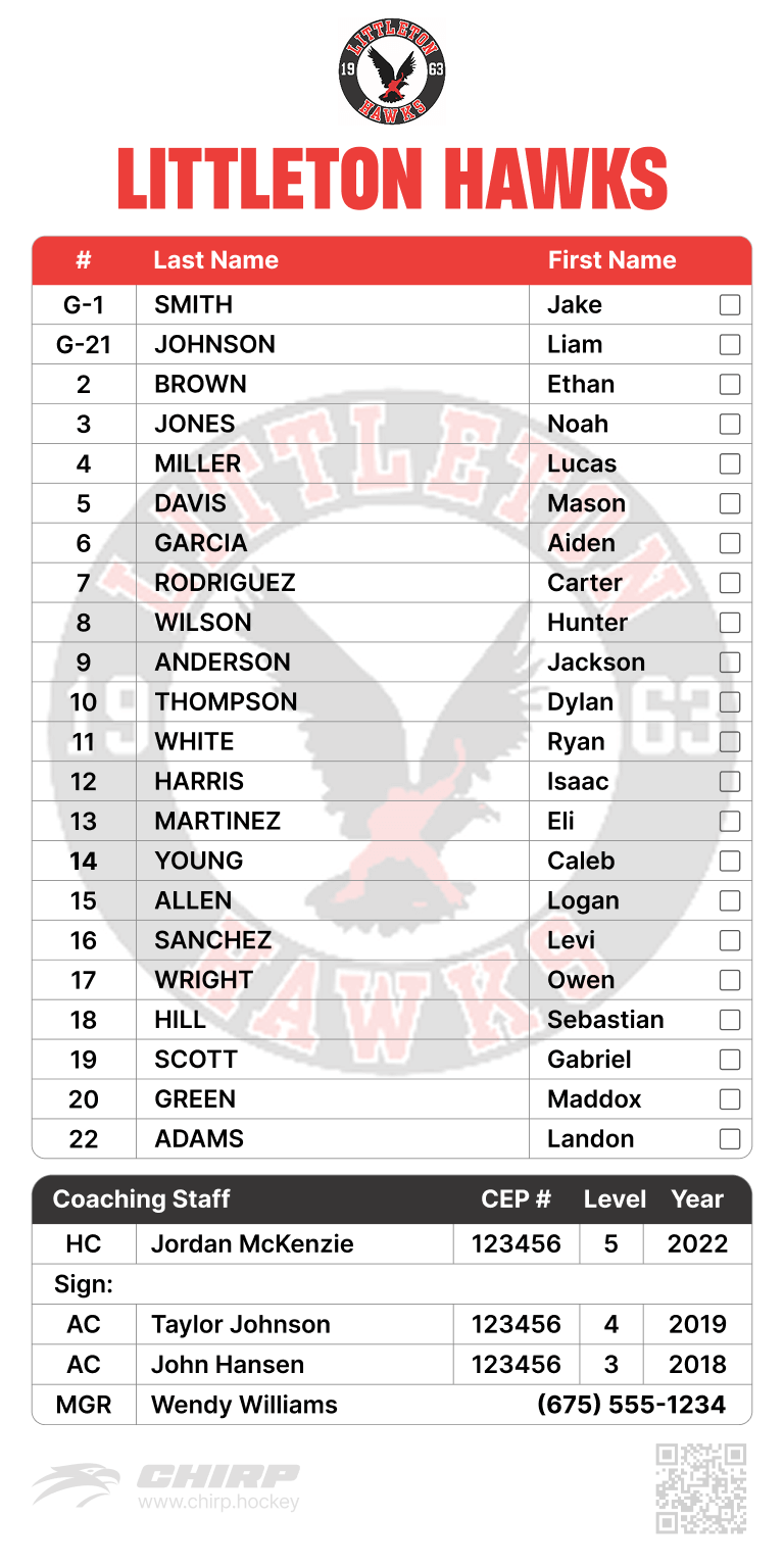 Example Team Branded USA Hockey Official Scoresheet Roster Label
