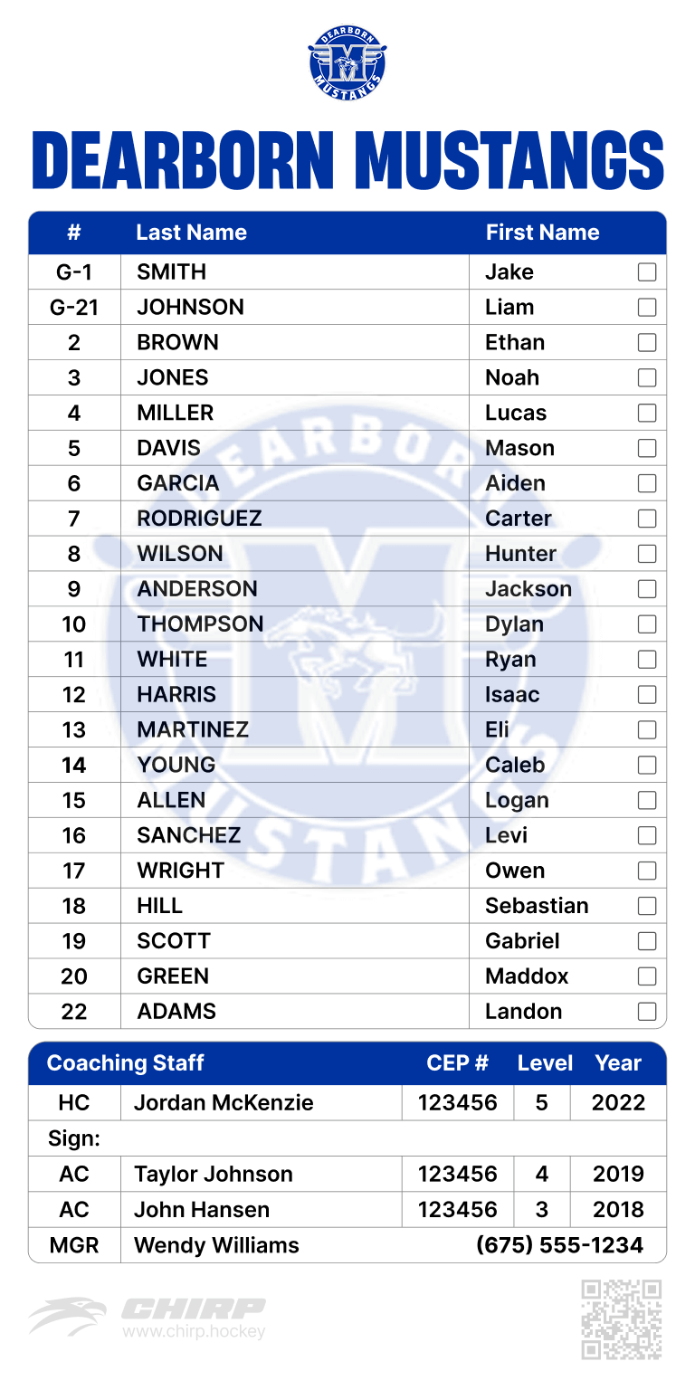Example Team Branded USA Hockey Official Scoresheet Roster Label