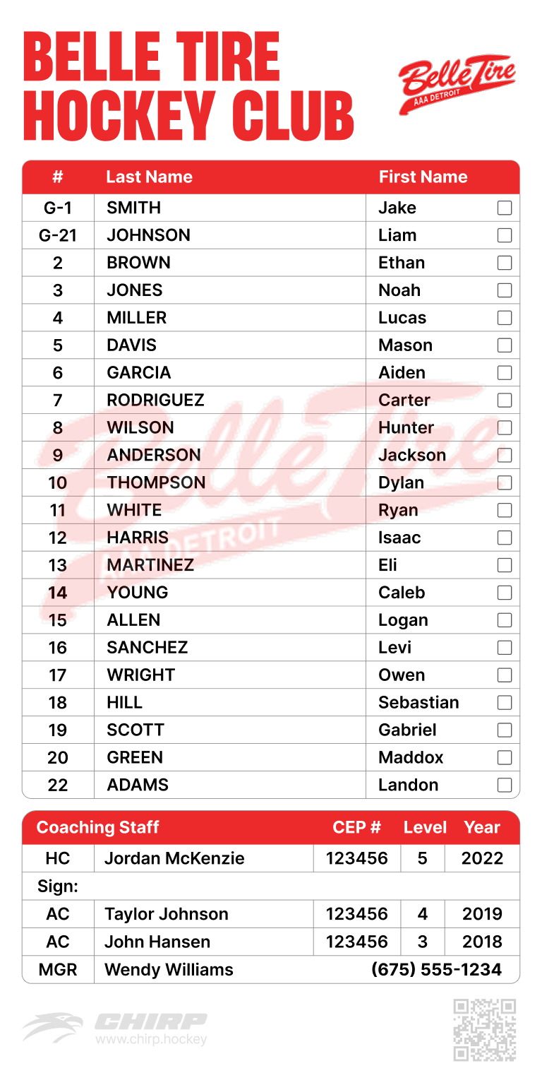 Example Team Branded USA Hockey Official Scoresheet Roster Label