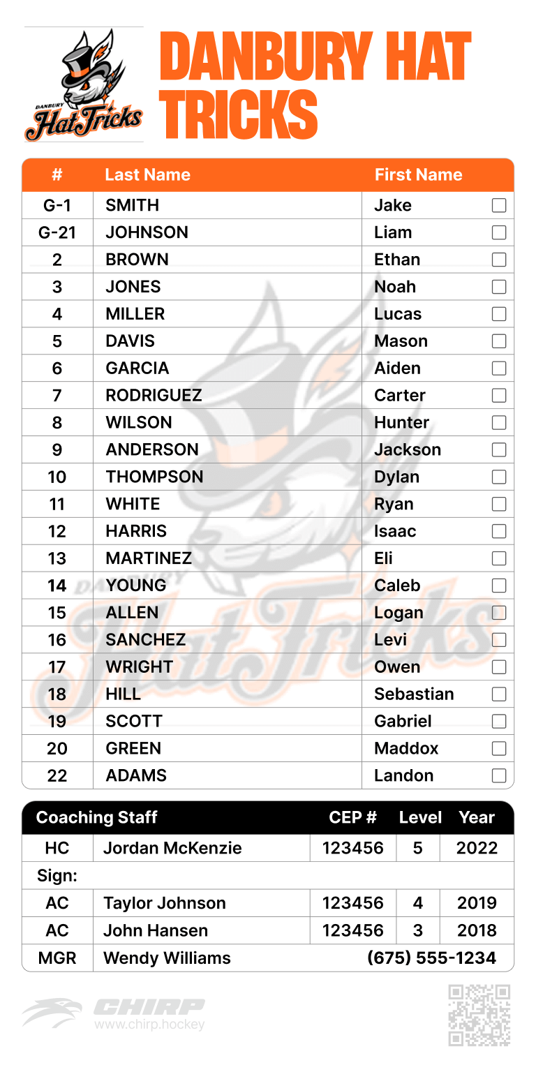 Example Team Branded USA Hockey Official Scoresheet Roster Label