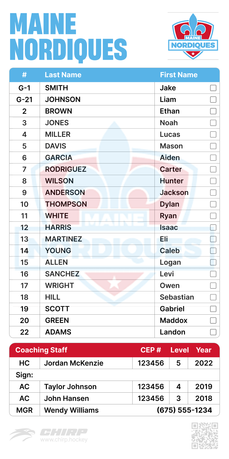 Example Team Branded USA Hockey Official Scoresheet Roster Label