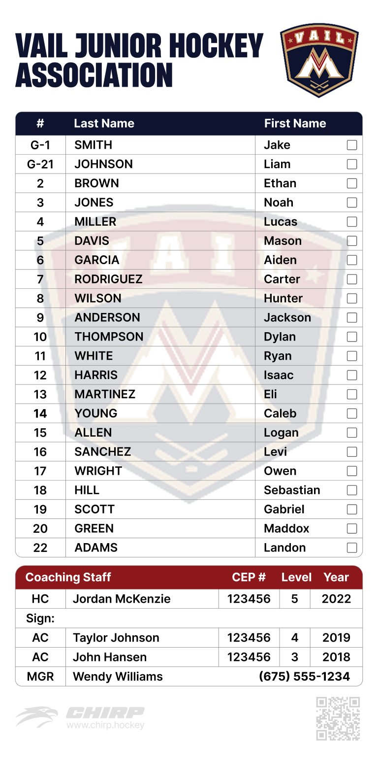 Example Team Branded USA Hockey Official Scoresheet Roster Label