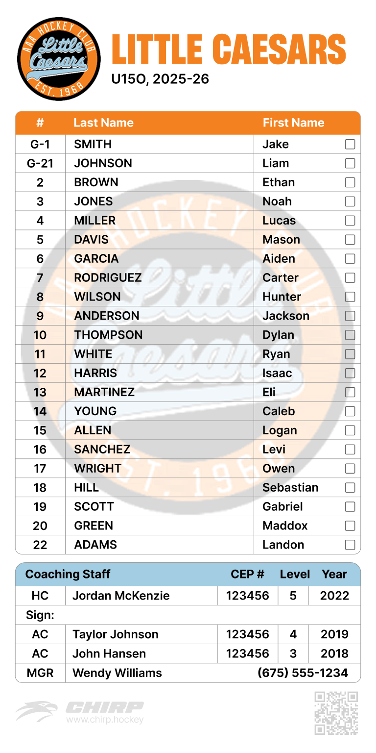 Example Team Branded USA Hockey Official Scoresheet Roster Label