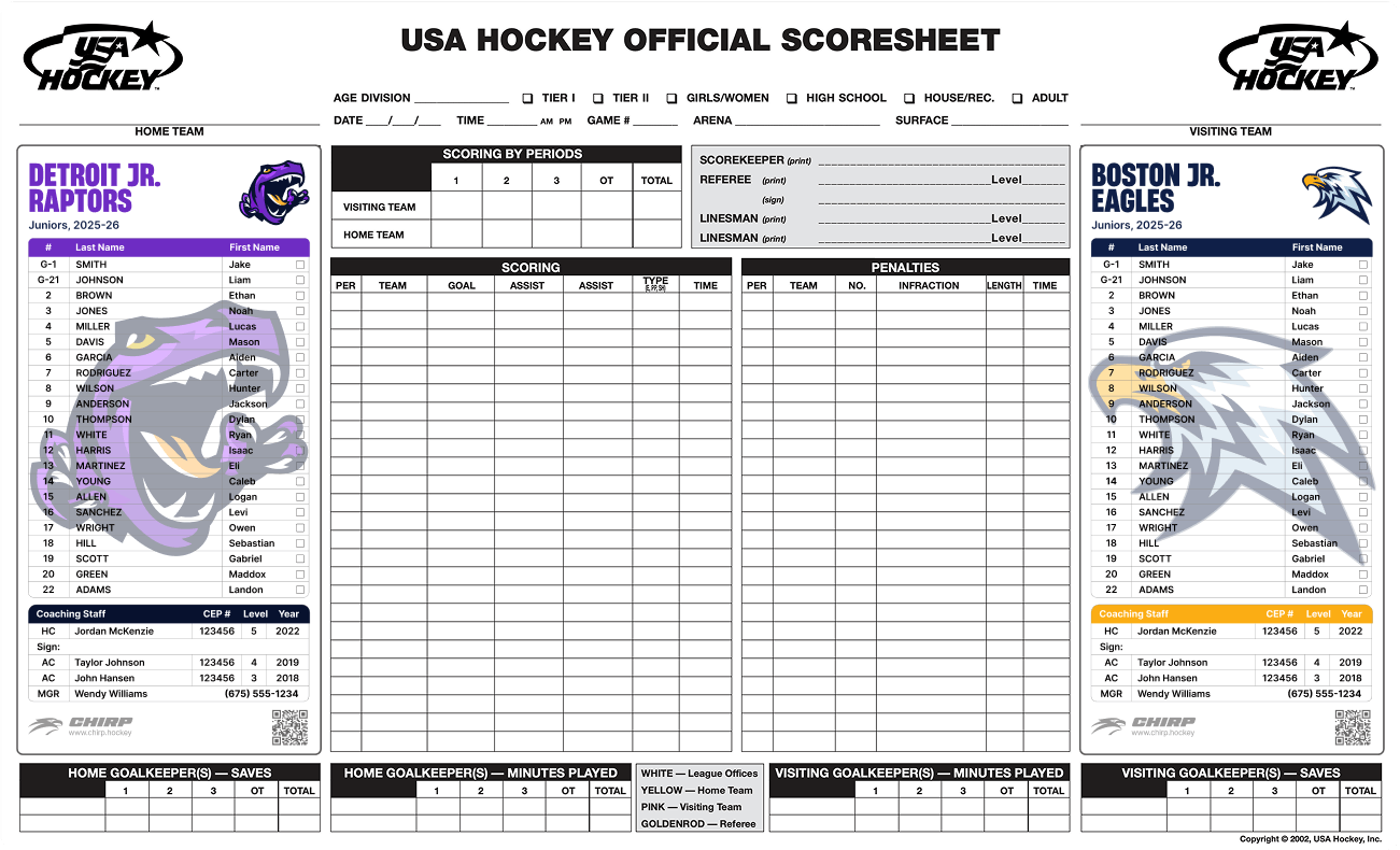 USA Hockey Official Scoresheet Roster Team Branded Labels